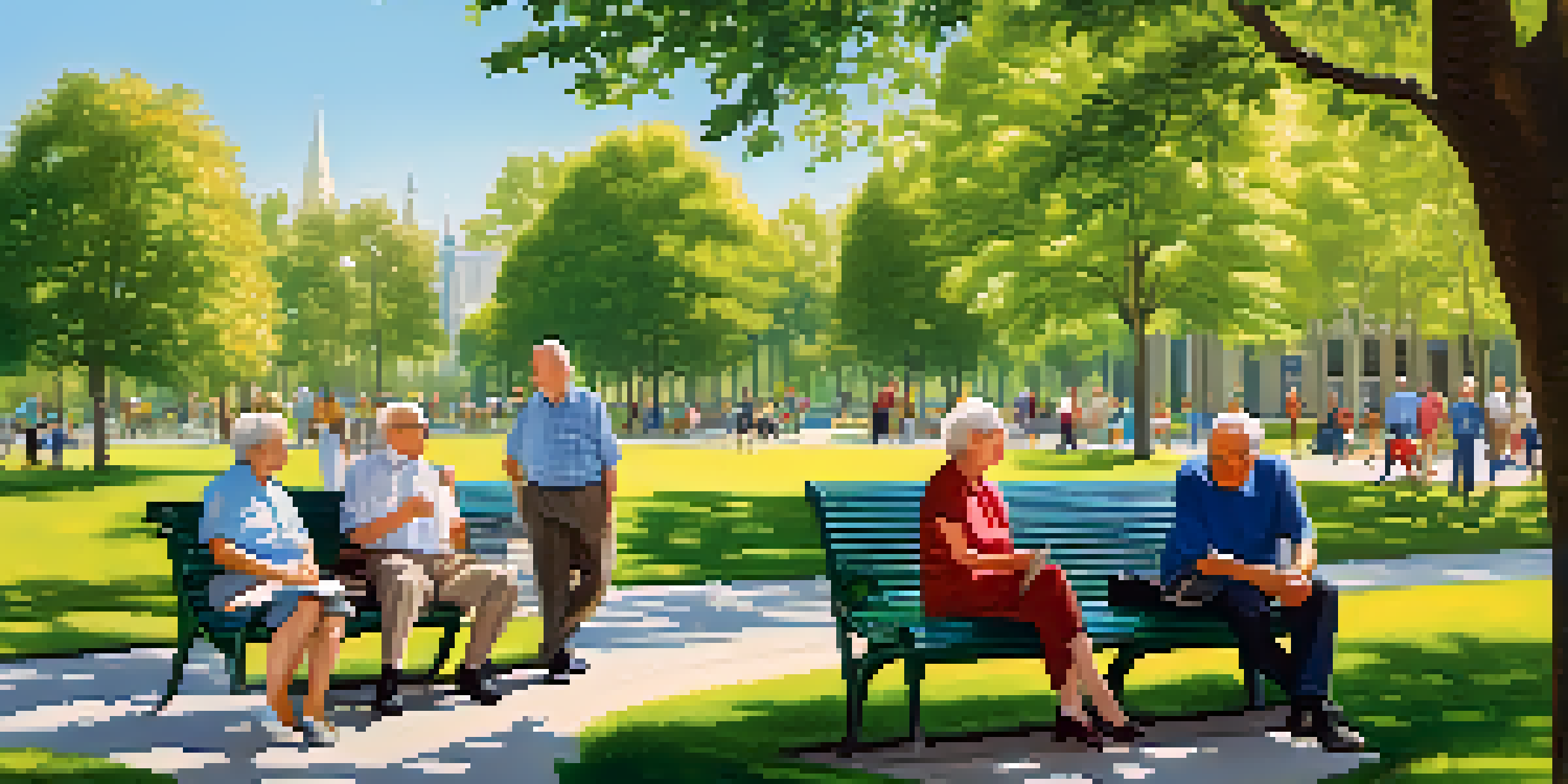 A diverse group of retirees in a park discussing financial strategies with advisors, surrounded by greenery and a clear sky.
