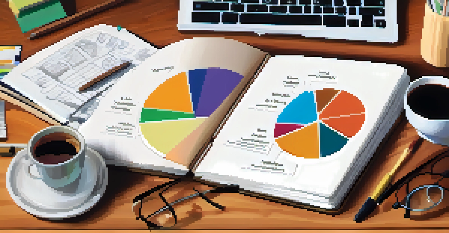 A notebook with graphs and charts on a wooden desk, illustrating investment diversification strategies with warm lighting.
