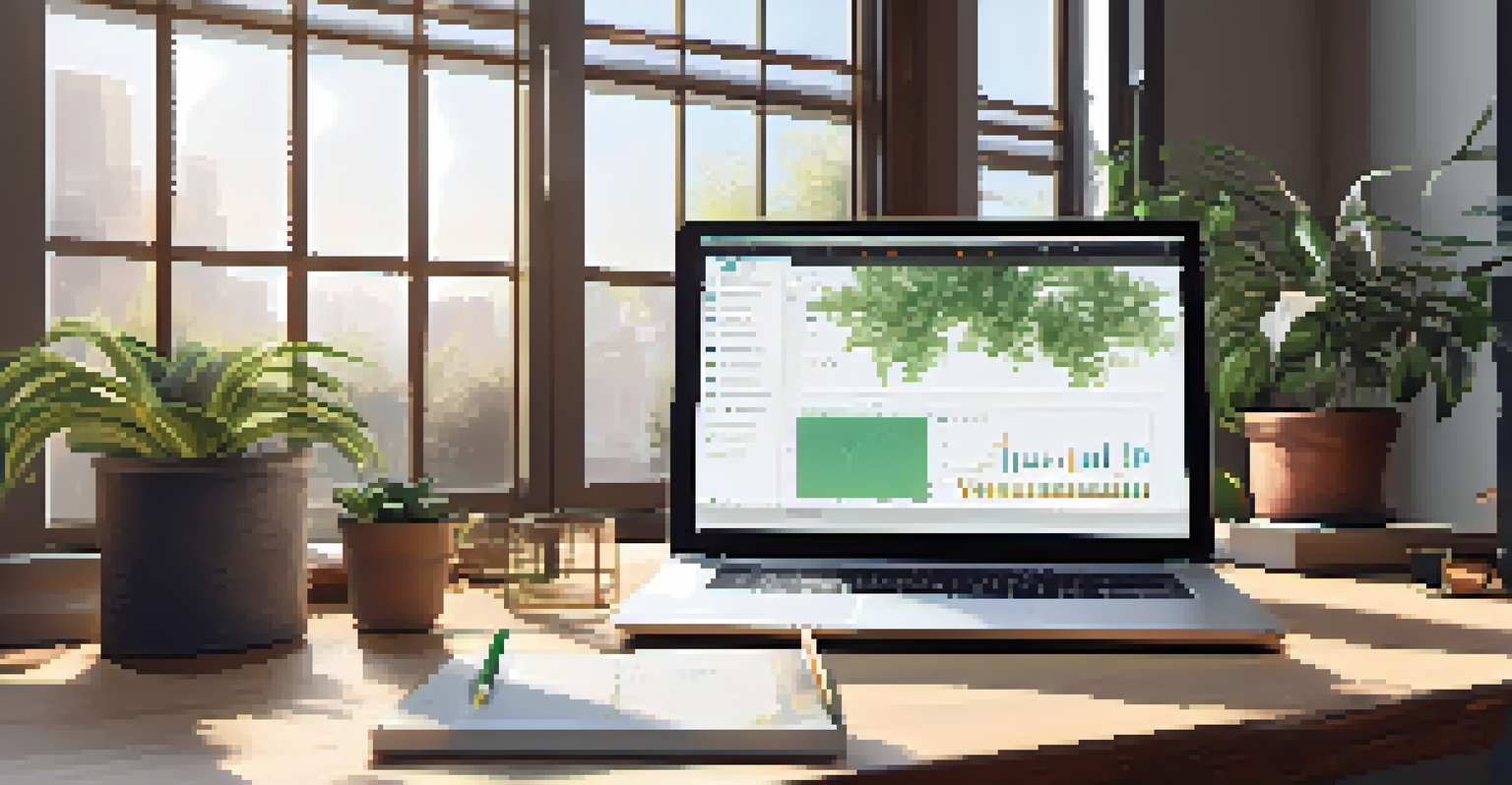 A tranquil workspace featuring a laptop with a social trading platform, surrounded by trading books and a potted plant.