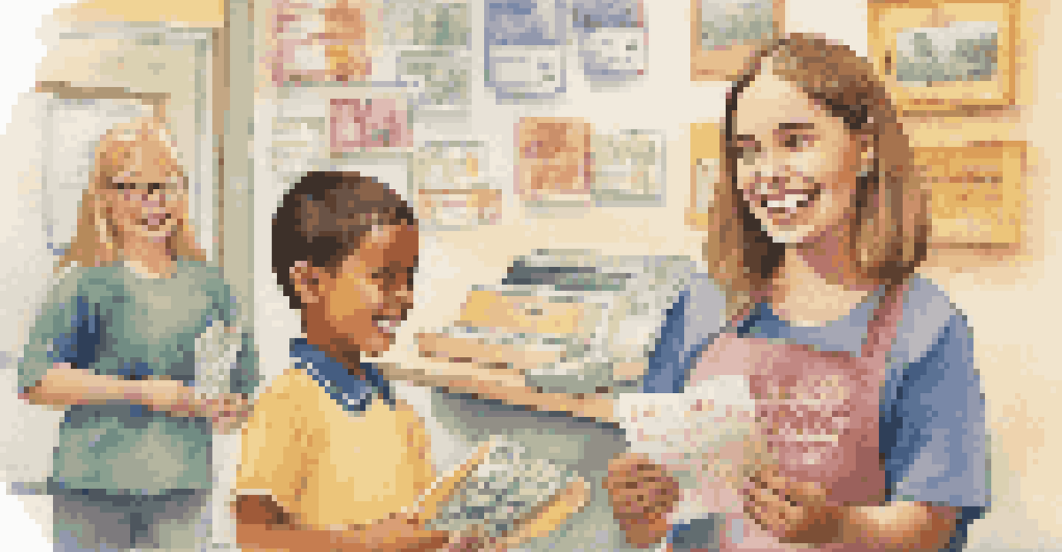 A child holding a savings account passbook with a big smile in a friendly bank setting filled with colorful financial literacy posters.