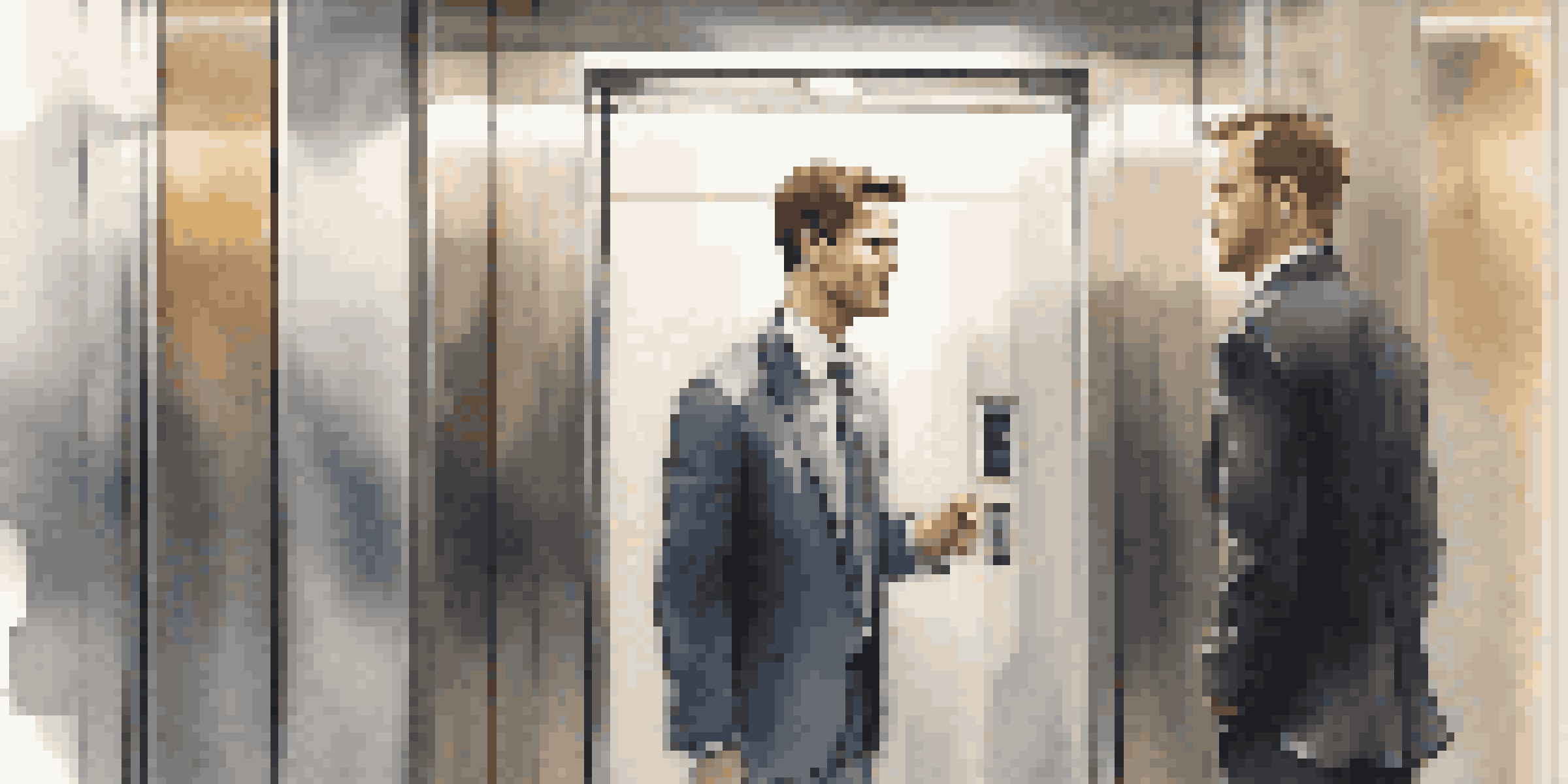 A confident person in a suit delivering an elevator pitch in a sleek elevator, with a focused expression and hand gestures.