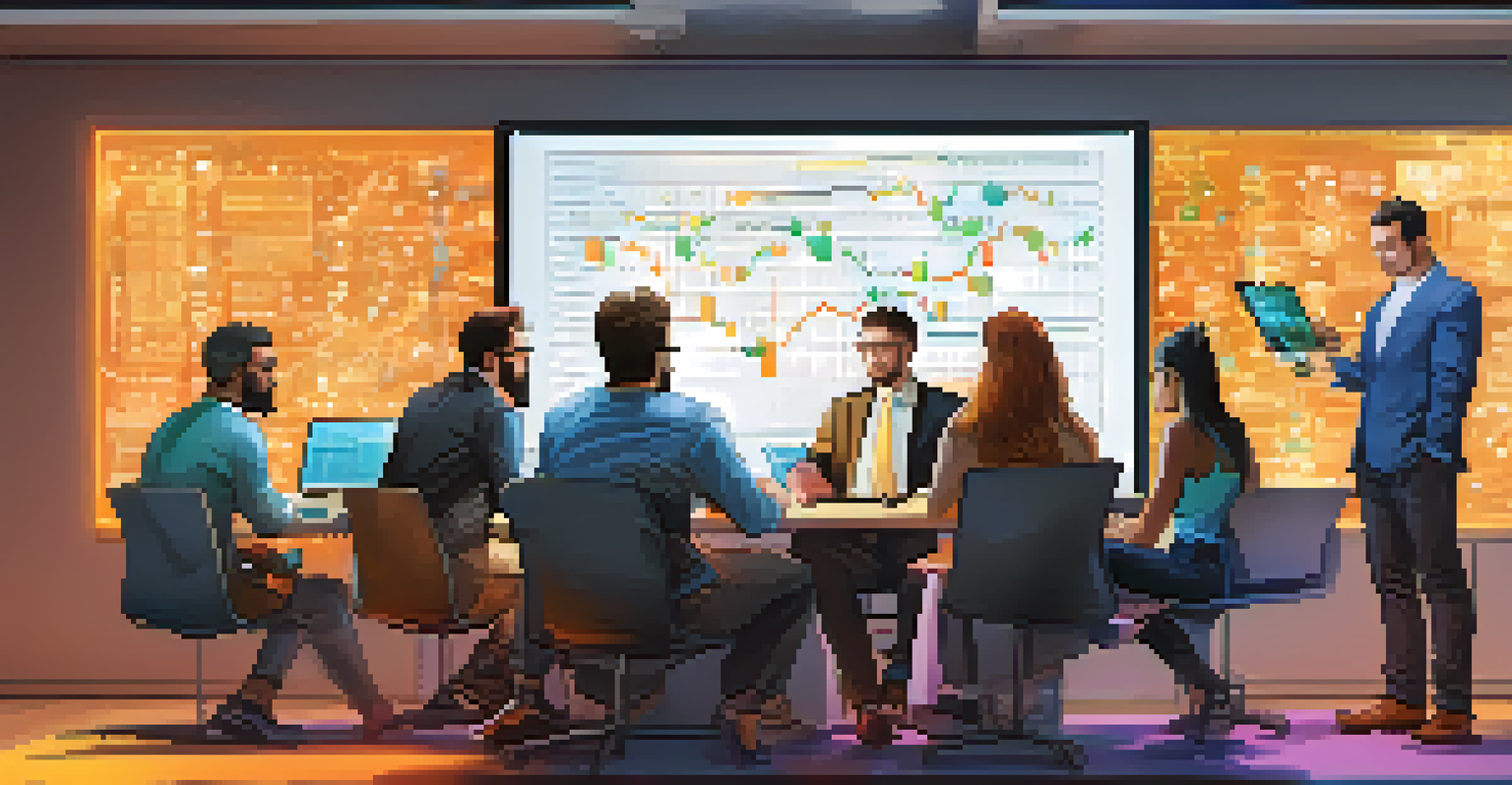 A diverse group of people discussing cryptocurrency charts around a digital screen in a modern office setting.