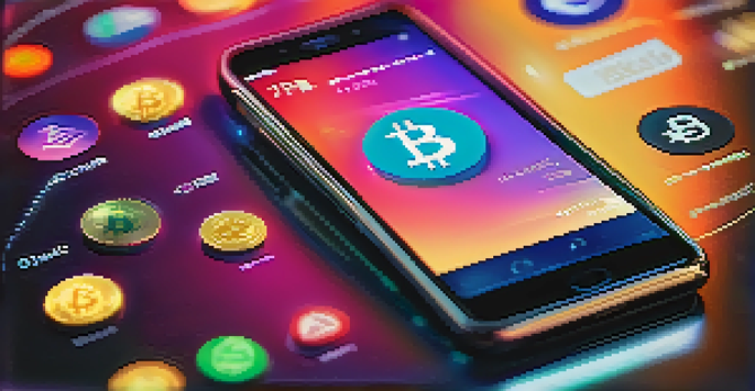 Close-up of a smartphone displaying a digital wallet interface with various cryptocurrency icons illuminated by soft lighting.