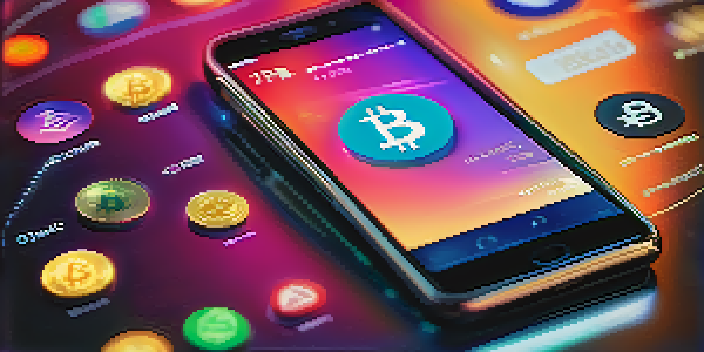 Close-up of a smartphone displaying a digital wallet interface with various cryptocurrency icons illuminated by soft lighting.