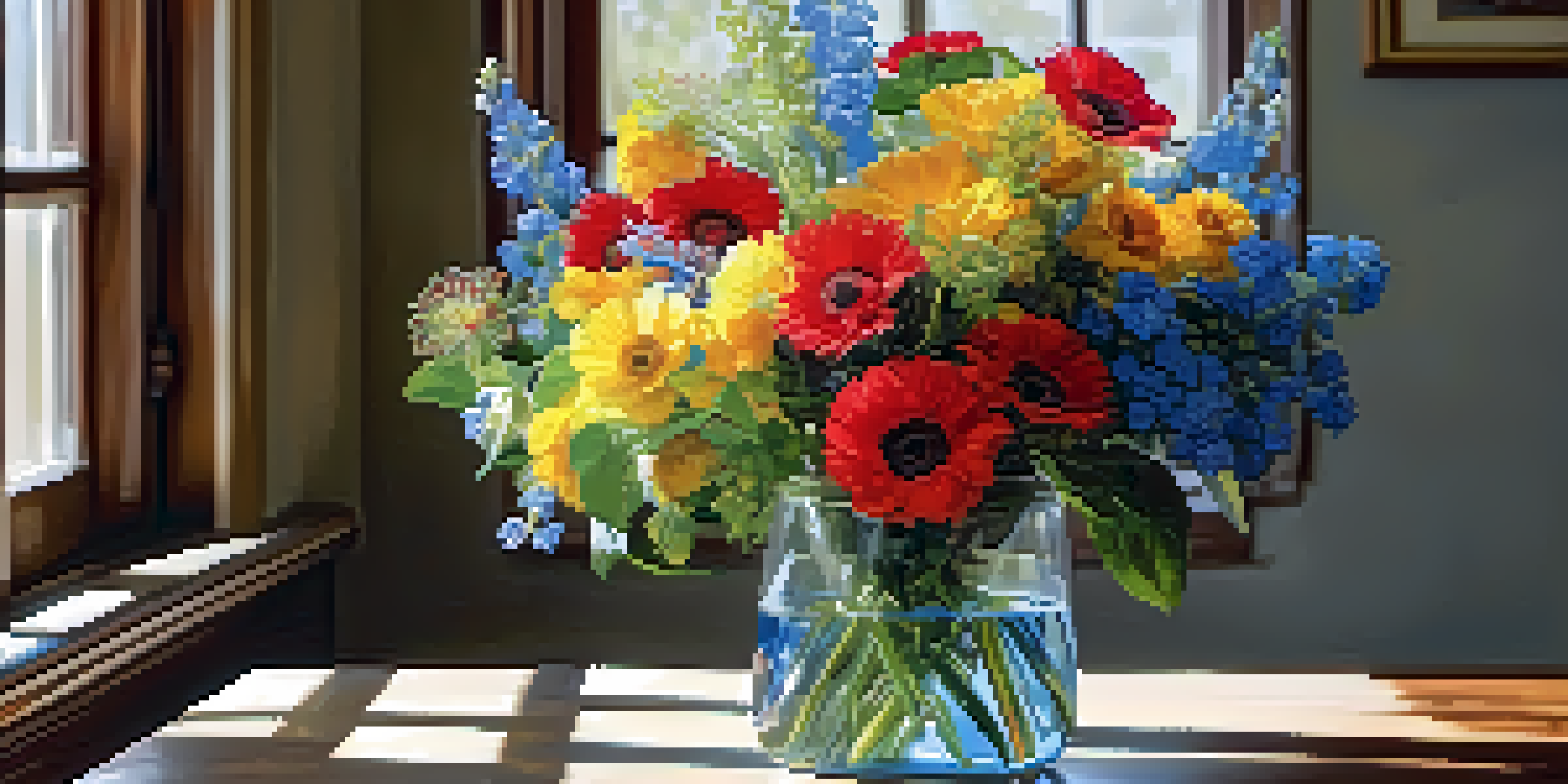 A colorful bouquet of flowers in a clear glass vase on a wooden table, with soft sunlight filtering through a window.