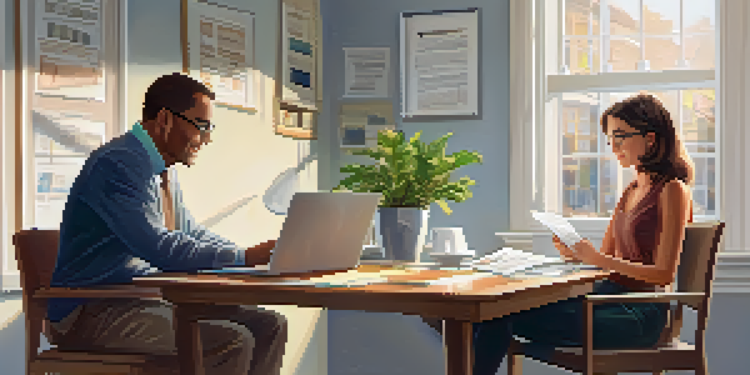 A financial advisor in an office discussing financial plans with a young couple, with documents and a laptop on the desk.