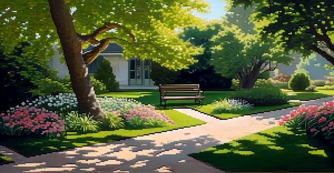 A peaceful garden scene with colorful flowers, a pathway, and a wooden bench under a tree, illuminated by gentle sunlight.