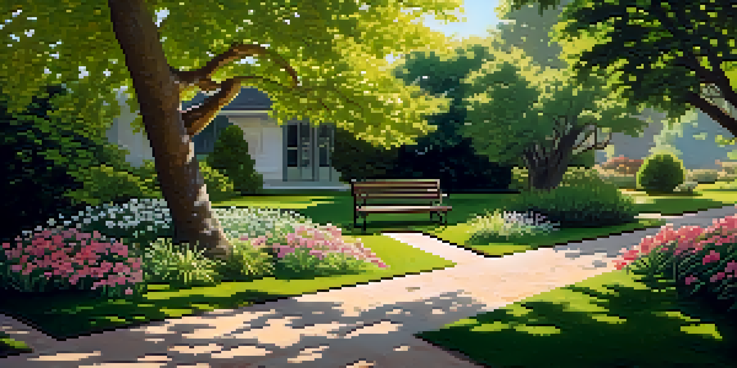 A peaceful garden scene with colorful flowers, a pathway, and a wooden bench under a tree, illuminated by gentle sunlight.