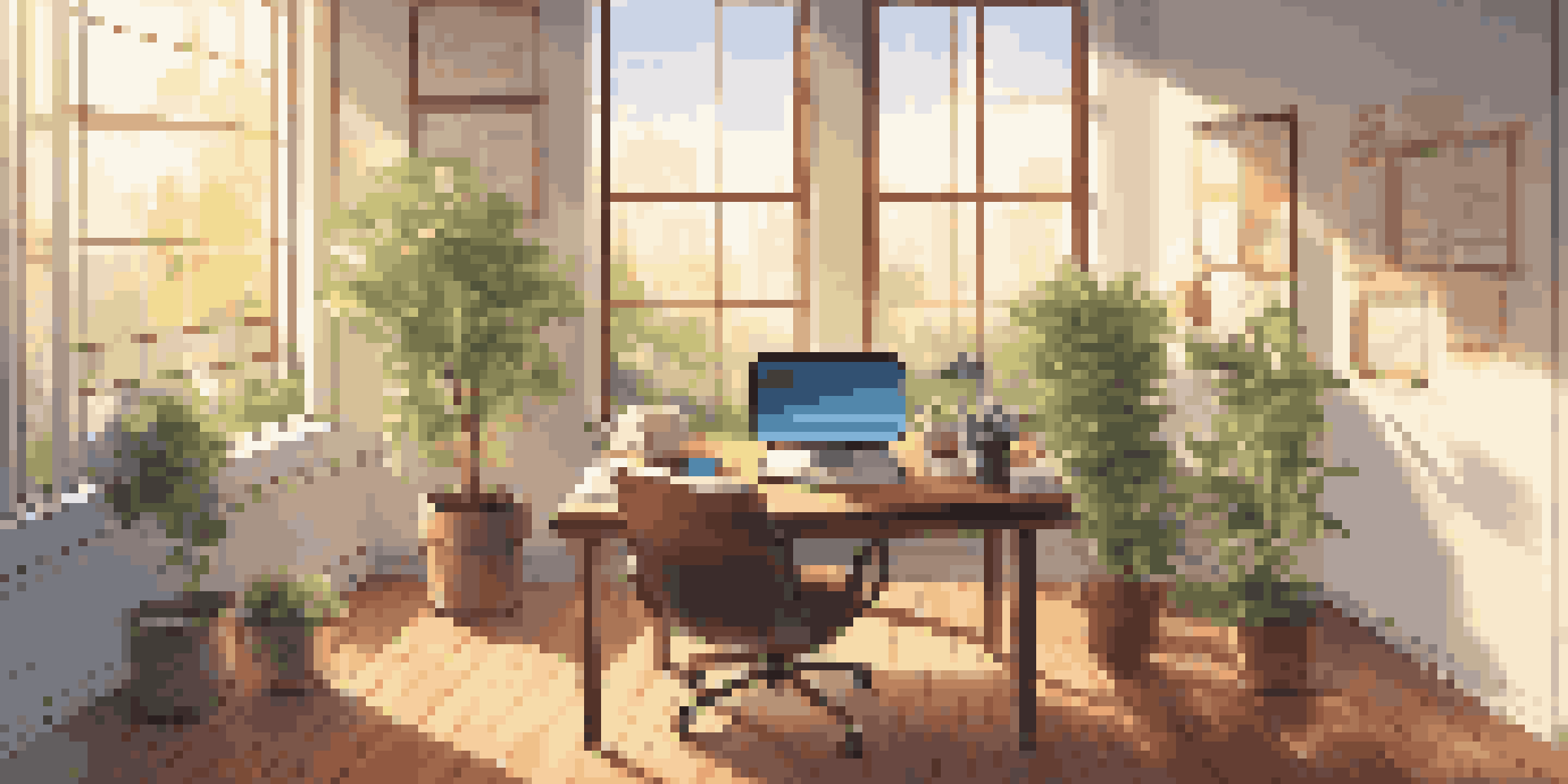 A modern office desk with a laptop displaying financial graphs, a notepad with equations, and a plant, illuminated by sunlight.