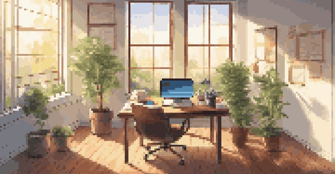 A modern office desk with a laptop displaying financial graphs, a notepad with equations, and a plant, illuminated by sunlight.