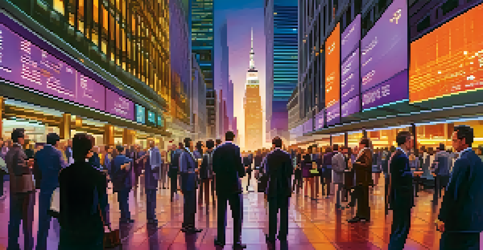 A vibrant cityscape with a stock exchange building at dusk, featuring digital tickers and people engaged in short-term trading.