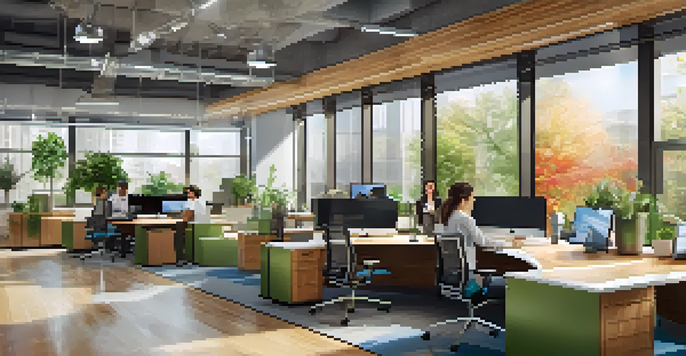 A bright office filled with diverse employees working together, with natural light and plants enhancing the space.