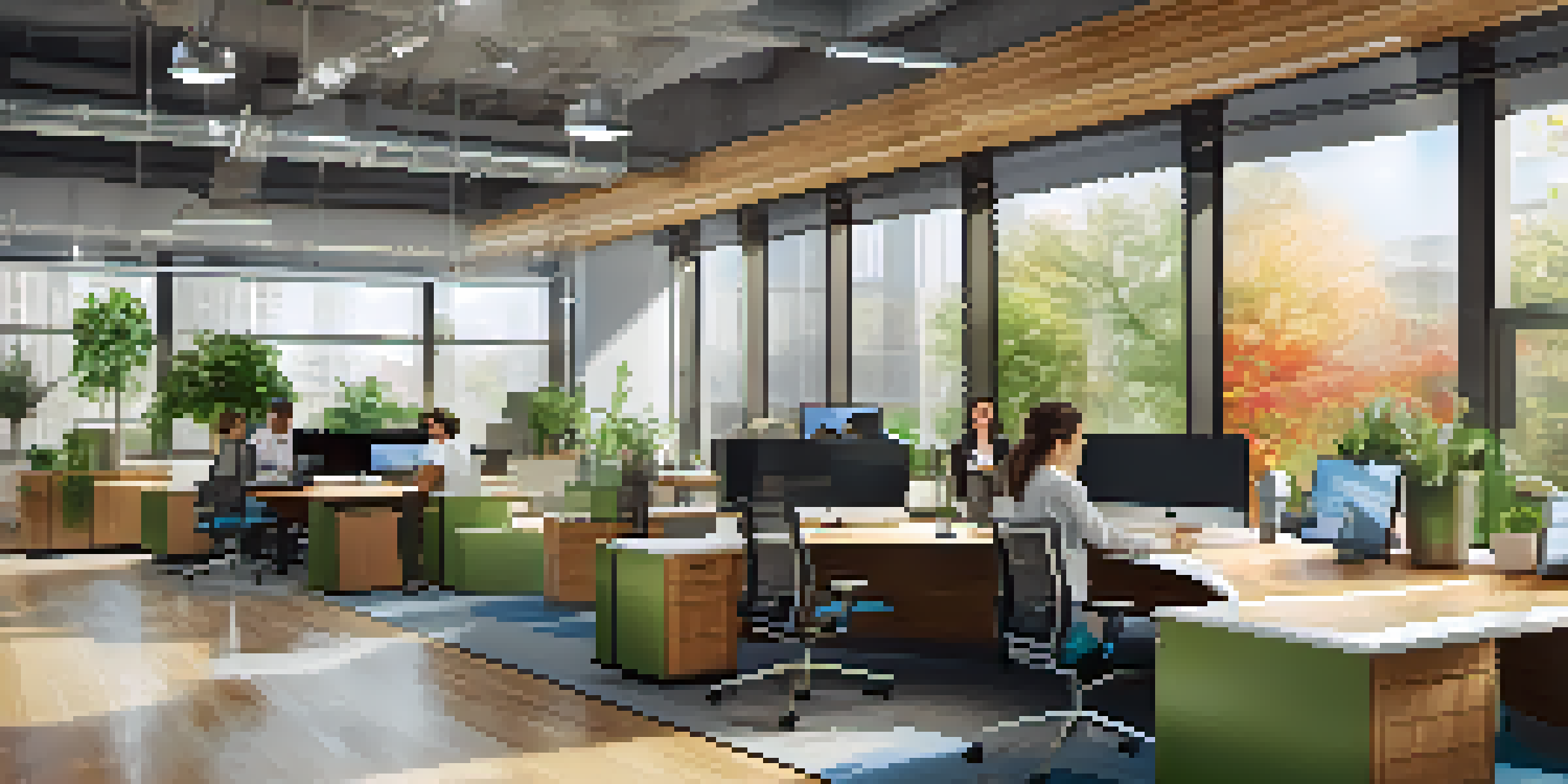 A bright office filled with diverse employees working together, with natural light and plants enhancing the space.