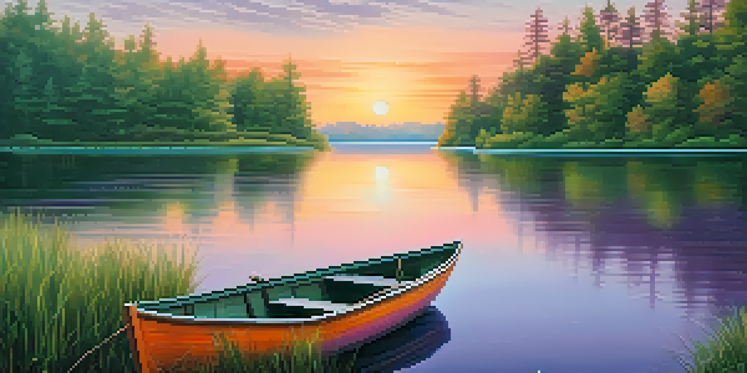 A calm lake at sunrise, surrounded by greenery, with a small wooden boat floating on the water.