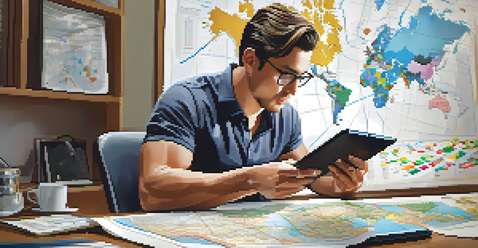 A financial analyst examining charts on a tablet, with maps and a coffee cup on the table.
