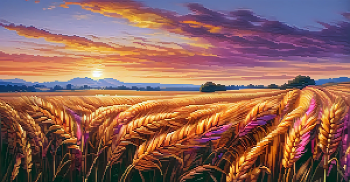 A golden wheat field at sunset with colorful sky and distant hills.