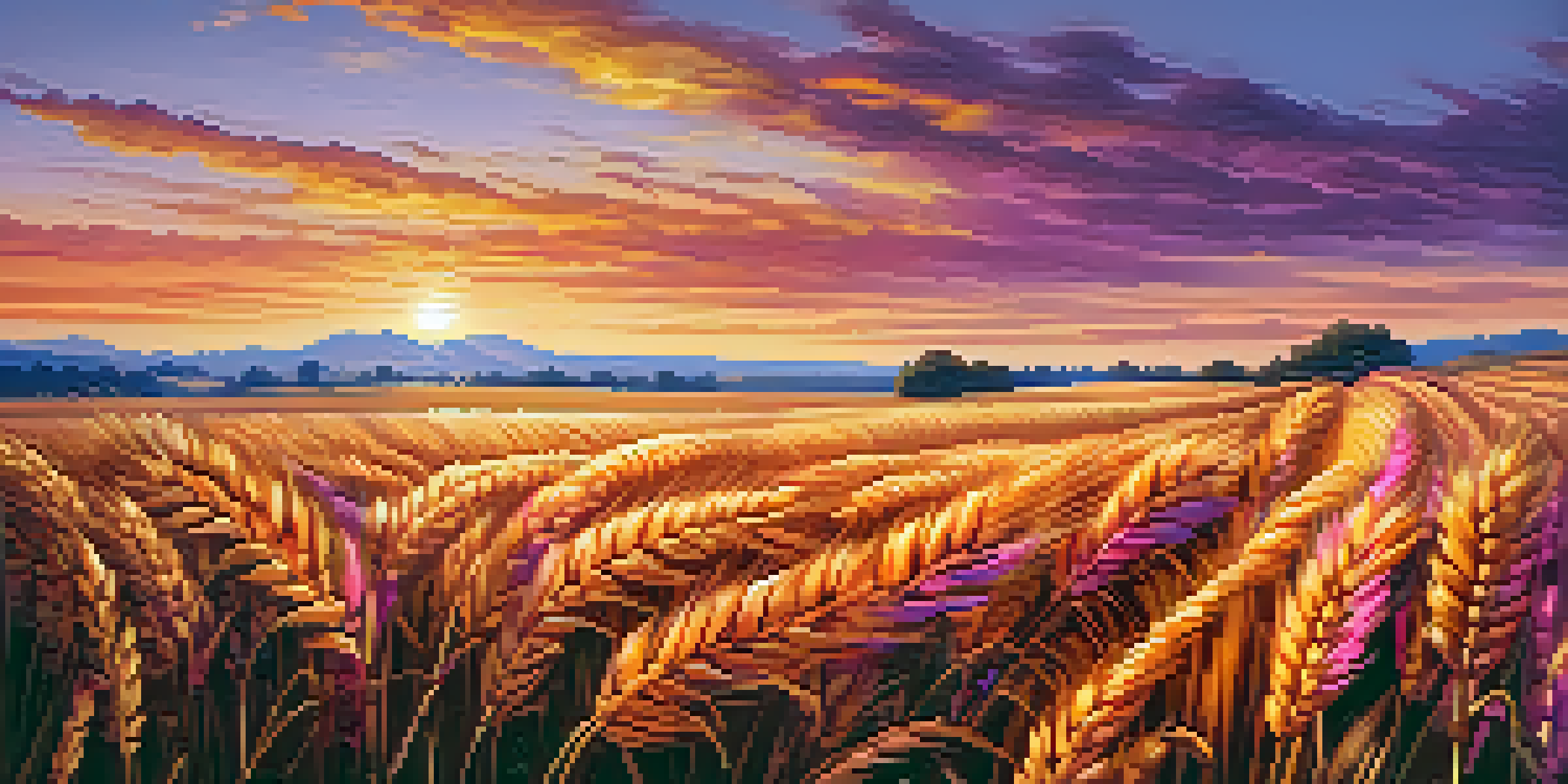 A golden wheat field at sunset with colorful sky and distant hills.