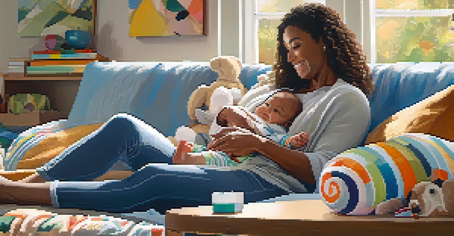 A new parent lovingly holding their baby in a bright and welcoming living room.