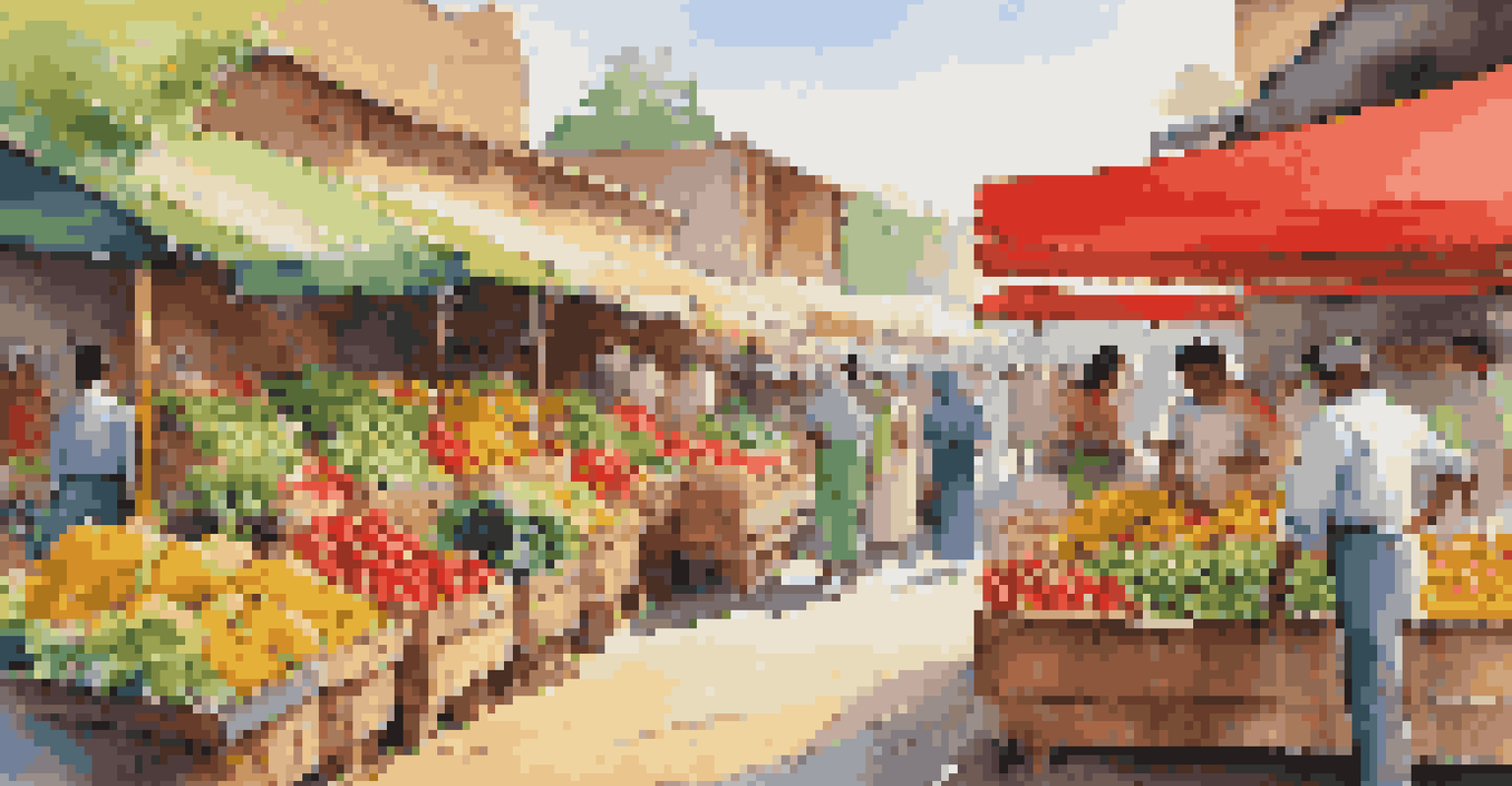 A bustling market with colorful fruits and vegetables on display, people shopping and enjoying the lively atmosphere under a sunny sky.