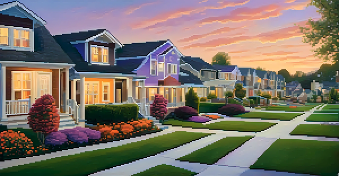 A peaceful neighborhood with various homes and families walking during sunset.