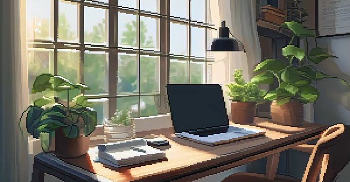 A home office with a wooden desk, laptop, coffee cup, and notepad with financial goals, illuminated by sunlight from a window.