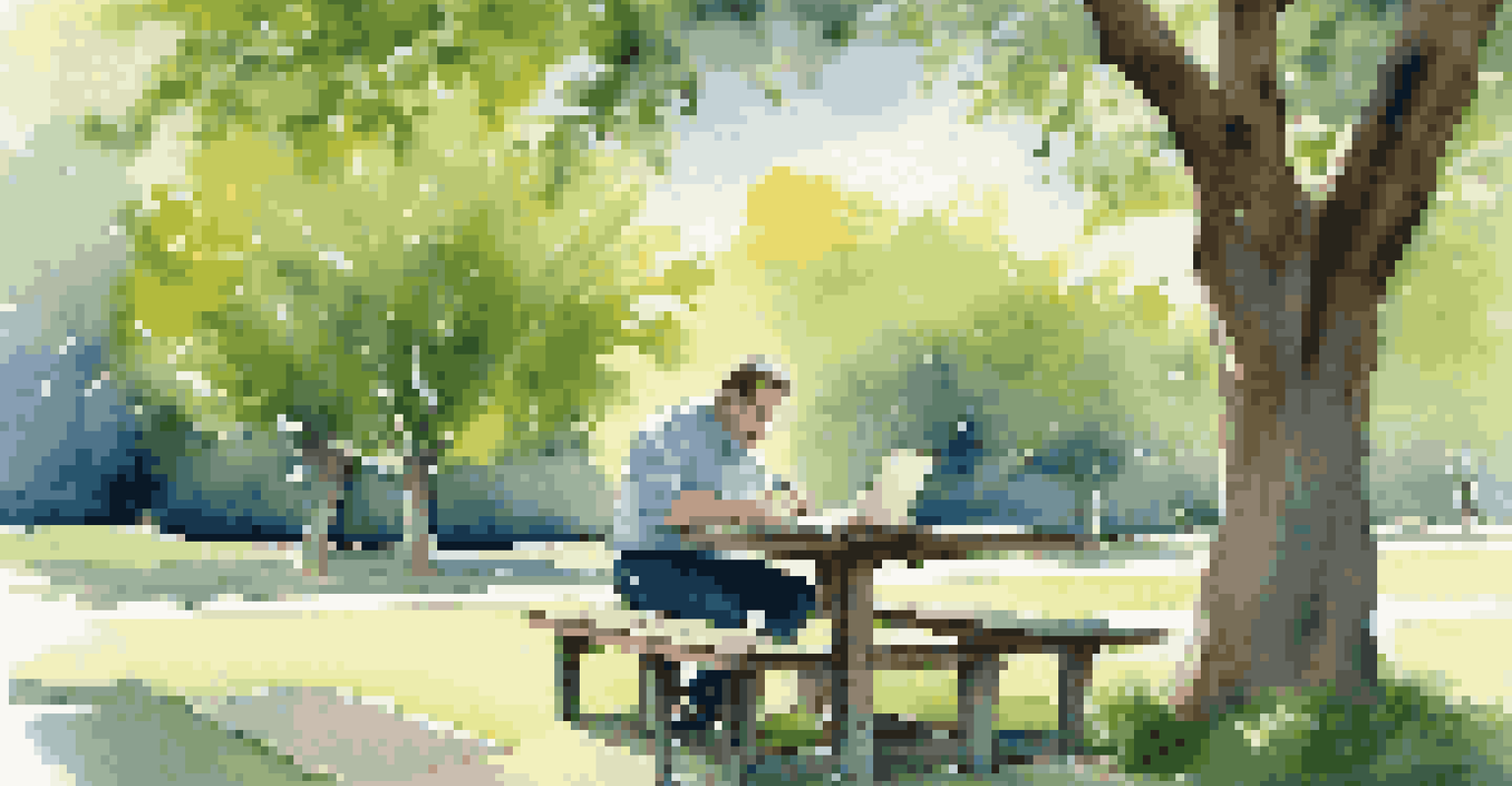 A small business owner at a picnic table writing financial goals in a notebook surrounded by nature.