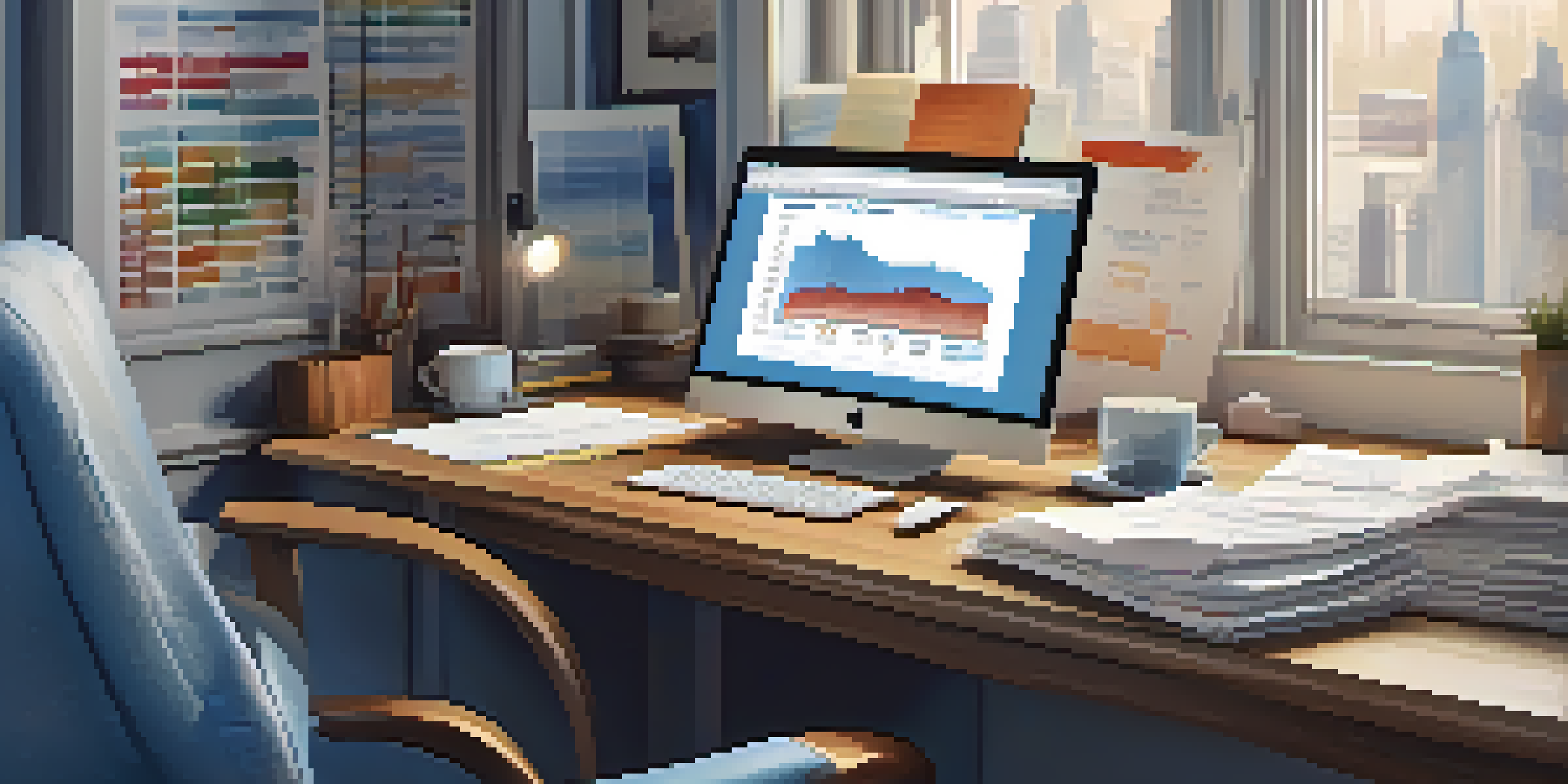 A modern office desk with a laptop showing financial graphs, organized documents, and a coffee cup, illuminated by soft natural light.