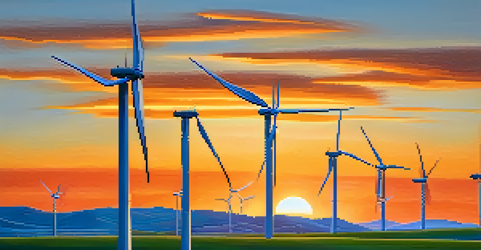 A peaceful sunset view of a wind farm with turbines against rolling hills, symbolizing sustainability.