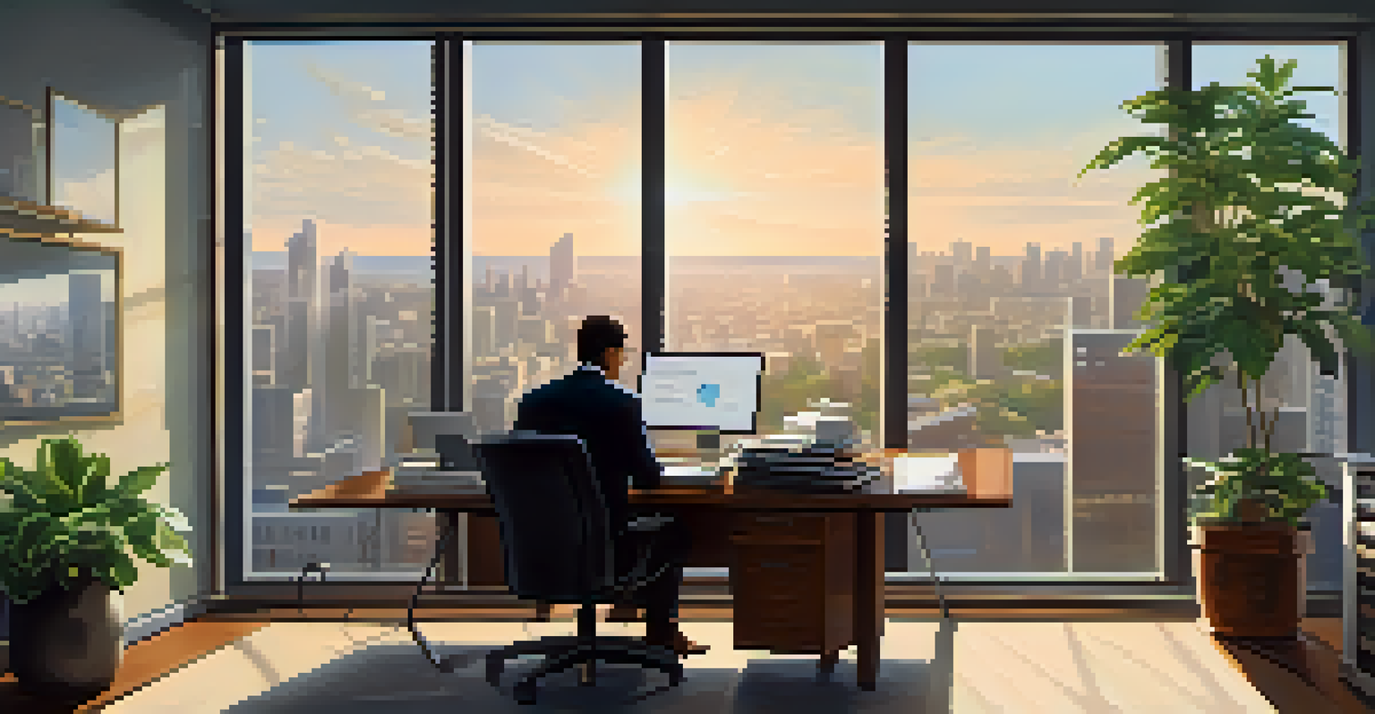 An investor in a calm office environment, reviewing a portfolio of traditional investments, with financial reports and a laptop on the desk, illuminated by soft sunlight.