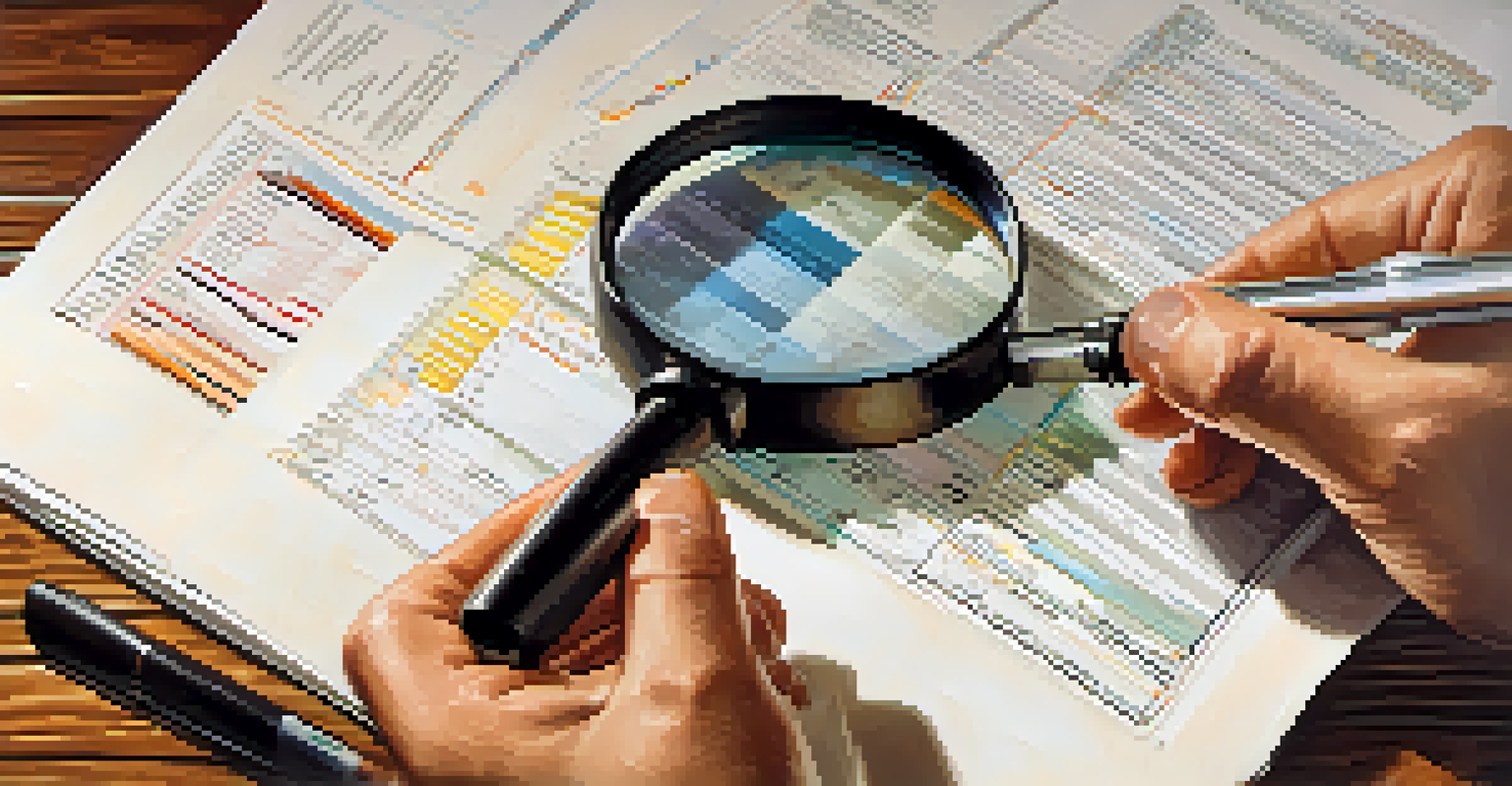 A hand holding a magnifying glass over a financial report with charts and numbers.