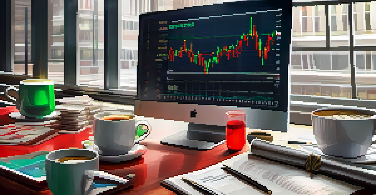A close-up of a stock market board with fluctuating graphs, red and green indicators, and coffee cups, reflecting market emotions.