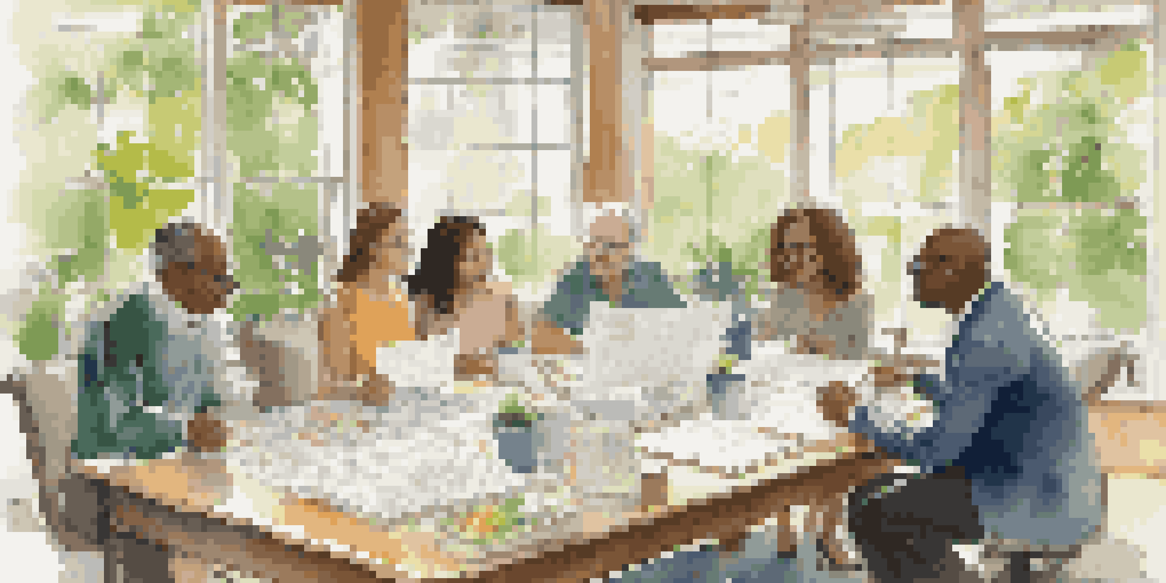 A diverse group of people discussing financial documents about pension plans in a bright room with a view of a garden.