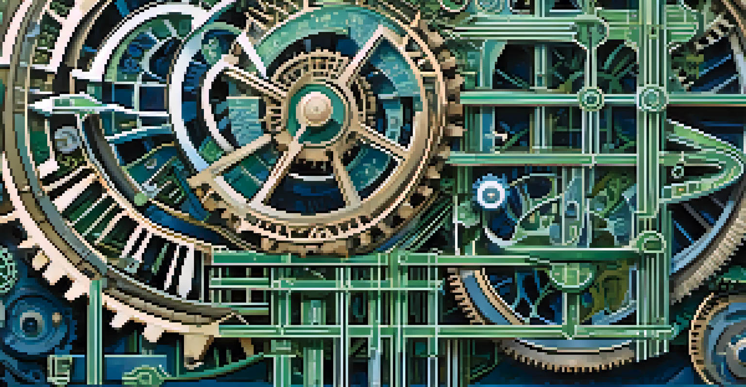 An abstract image of gears and financial symbols representing compliance in wealth management.