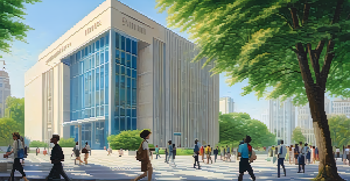 A modern central bank building surrounded by greenery and diverse people walking in front.