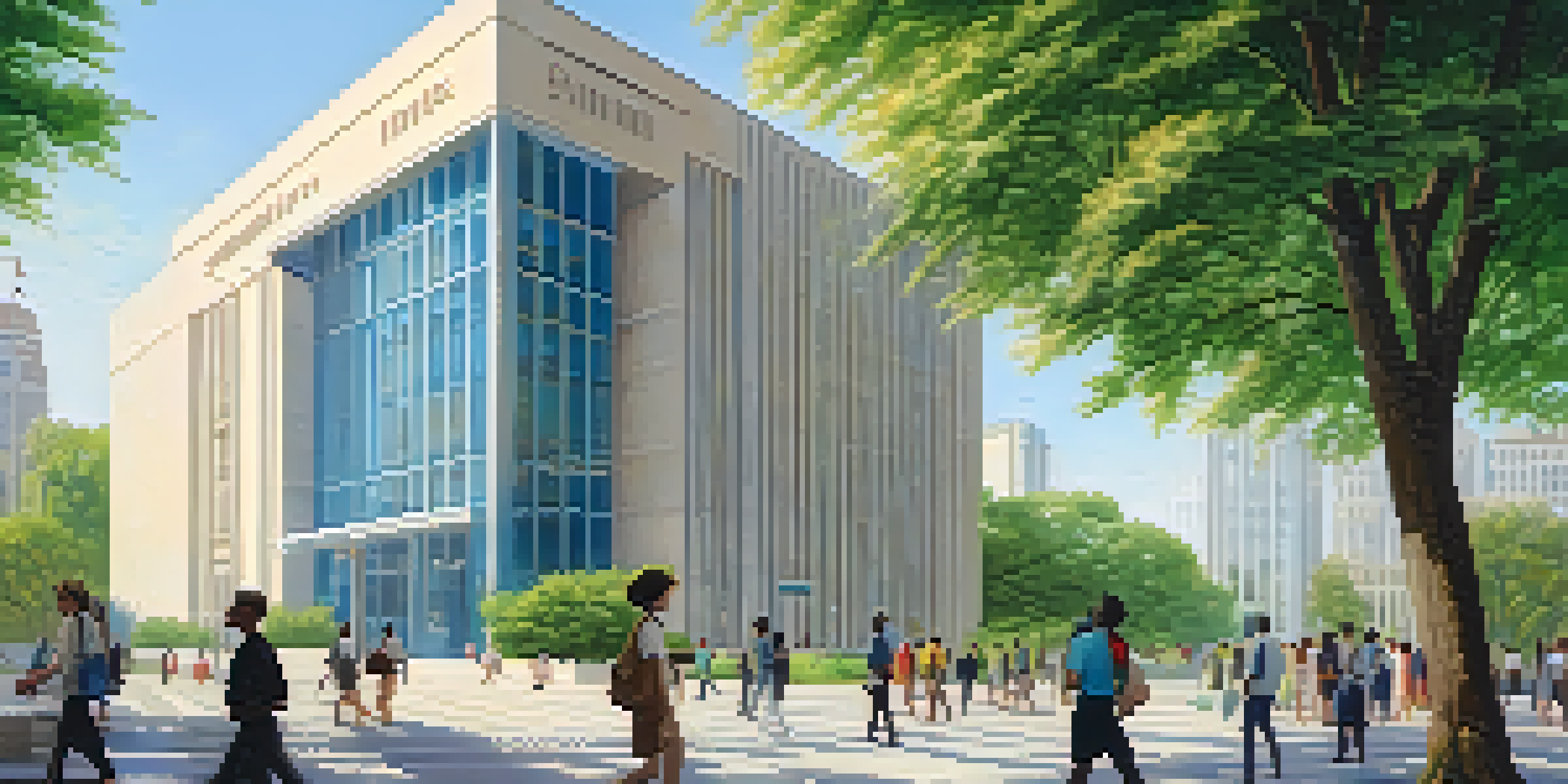 A modern central bank building surrounded by greenery and diverse people walking in front.