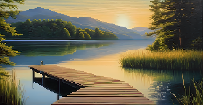 A tranquil lake surrounded by green mountains at sunset, with a wooden dock extending into the water.