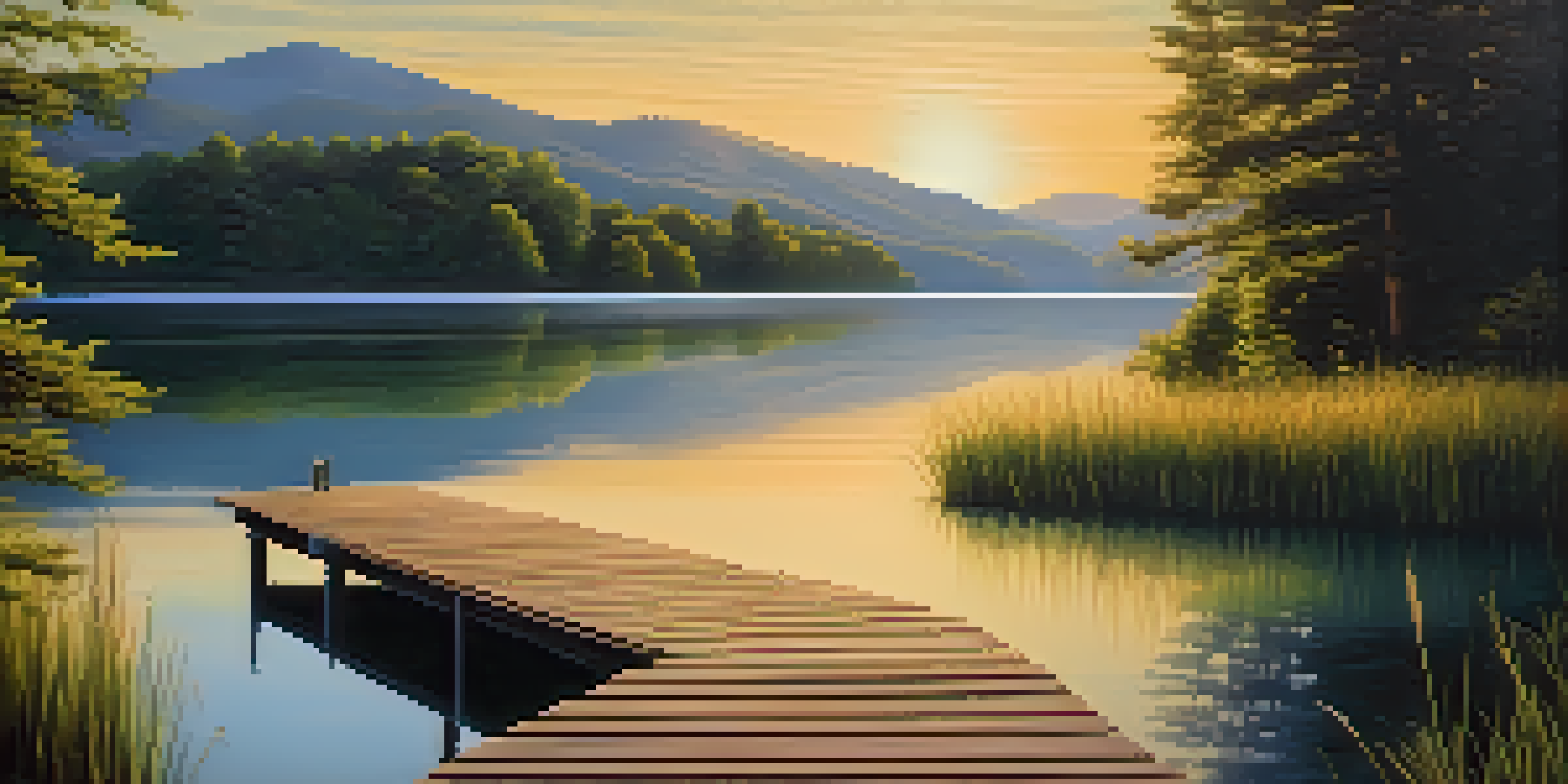 A tranquil lake surrounded by green mountains at sunset, with a wooden dock extending into the water.