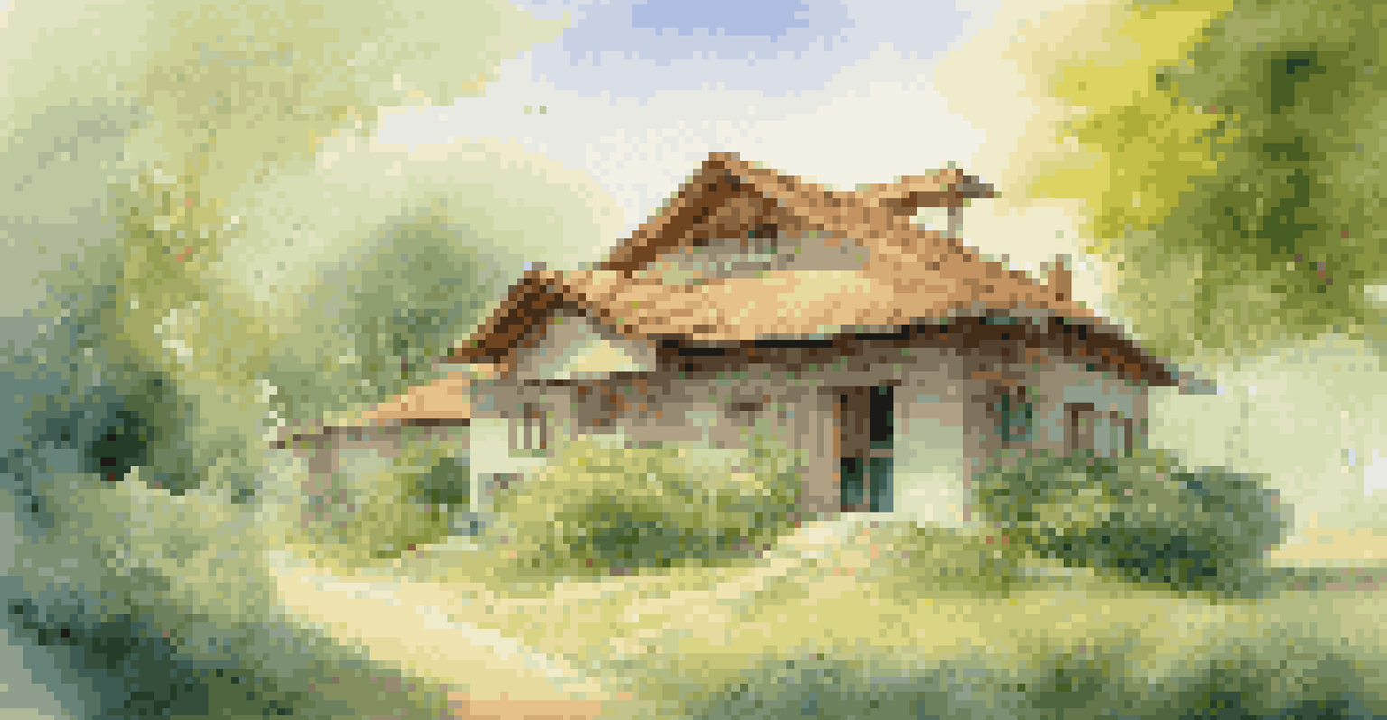 A landscape showing a house transforming into digital tokens with a warm, sunny environment.