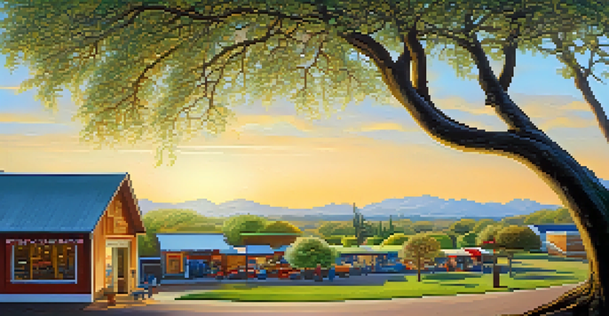 A landscape showing four trees representing different phases of a market cycle, with warm sunlight and vibrant colors.