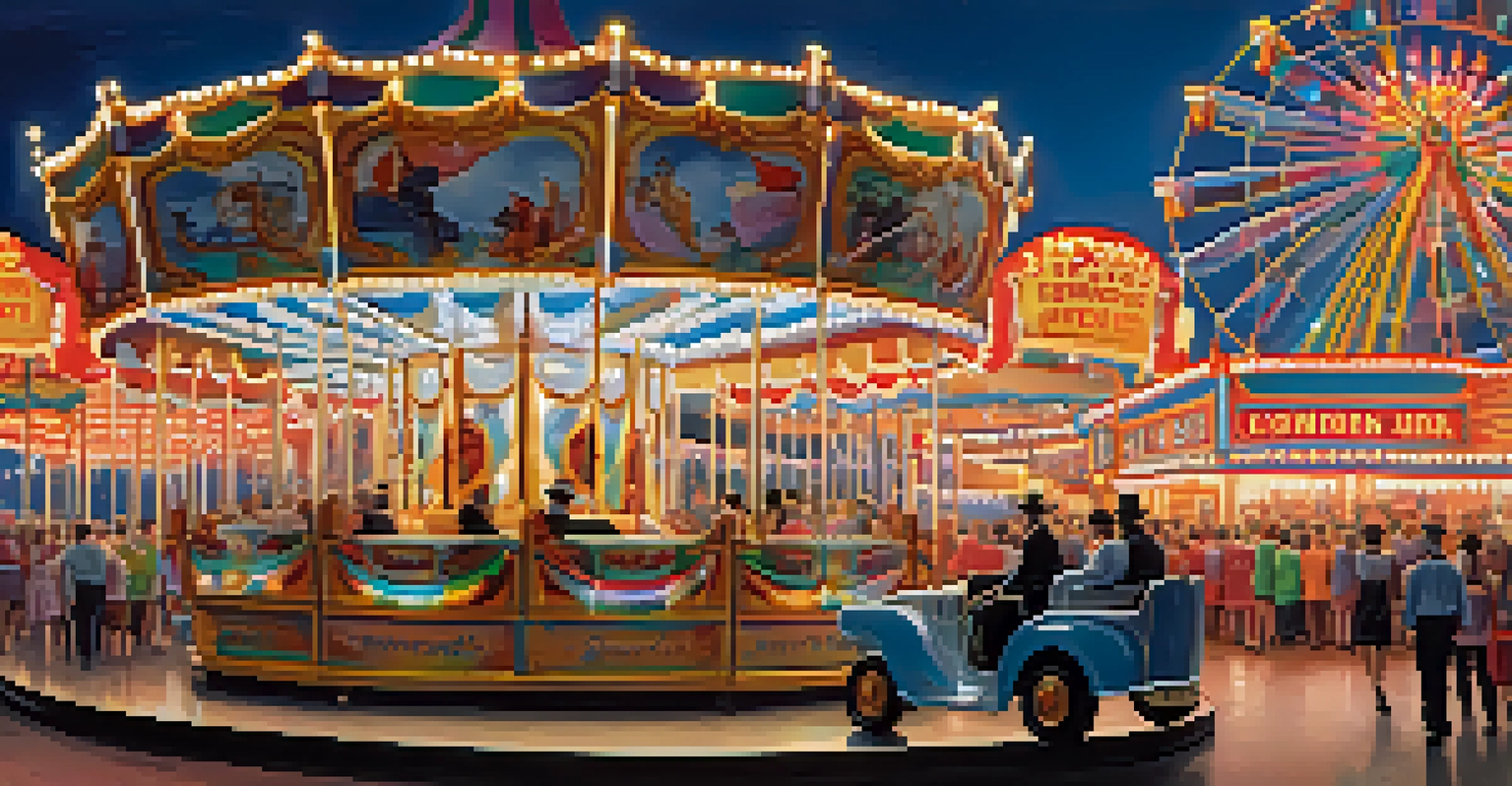 A carnival scene with a roller coaster for common stocks and a carousel for preferred stocks, showcasing contrasting experiences.