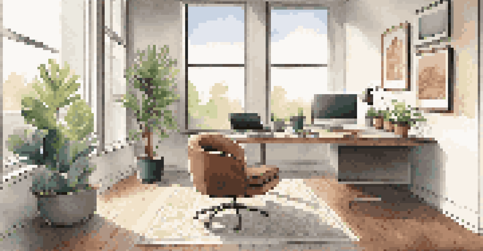 A modern office with a laptop on a desk, a plant, and inspirational art on the walls, illuminated by natural light.