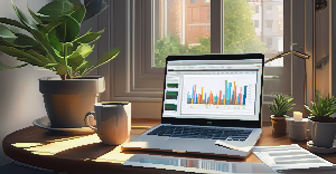 An office workspace with a desk, laptop displaying stock market charts, a potted plant, and a steaming cup of coffee, illuminated by morning sunlight.