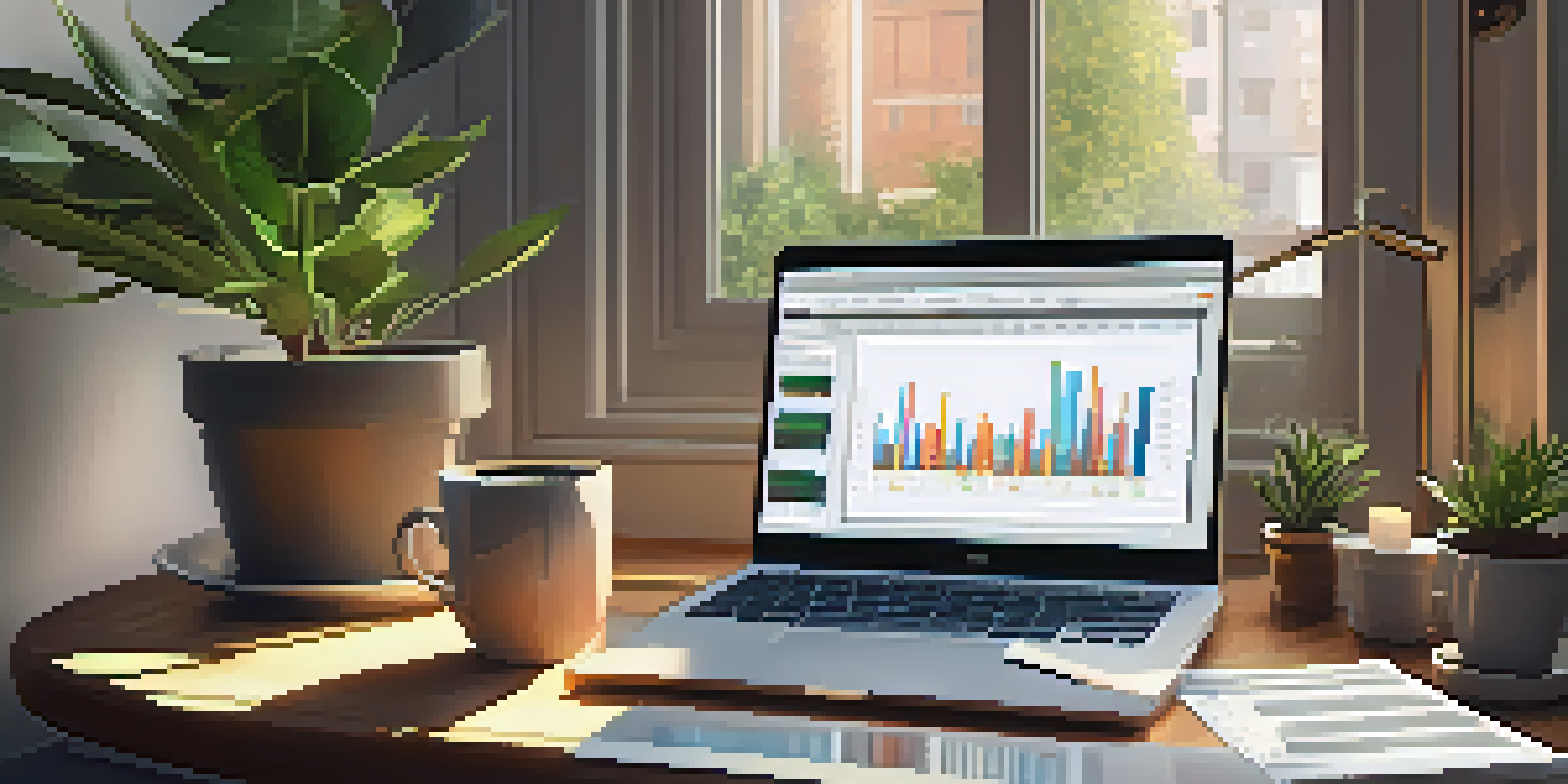 An office workspace with a desk, laptop displaying stock market charts, a potted plant, and a steaming cup of coffee, illuminated by morning sunlight.