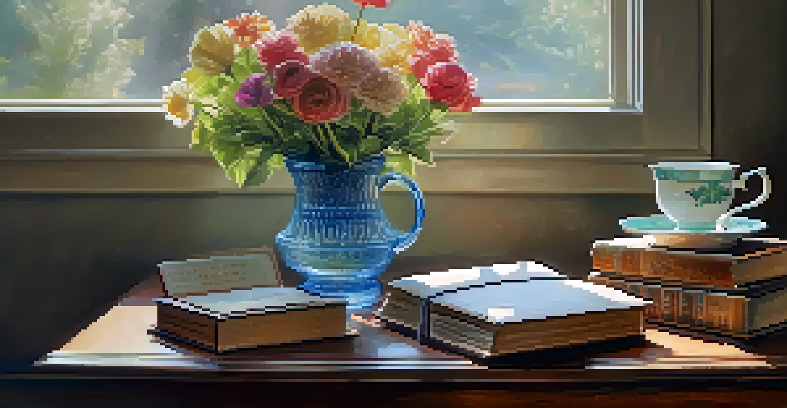 A still life with a vase of flowers, antique books, and a cup of tea on a wooden table.