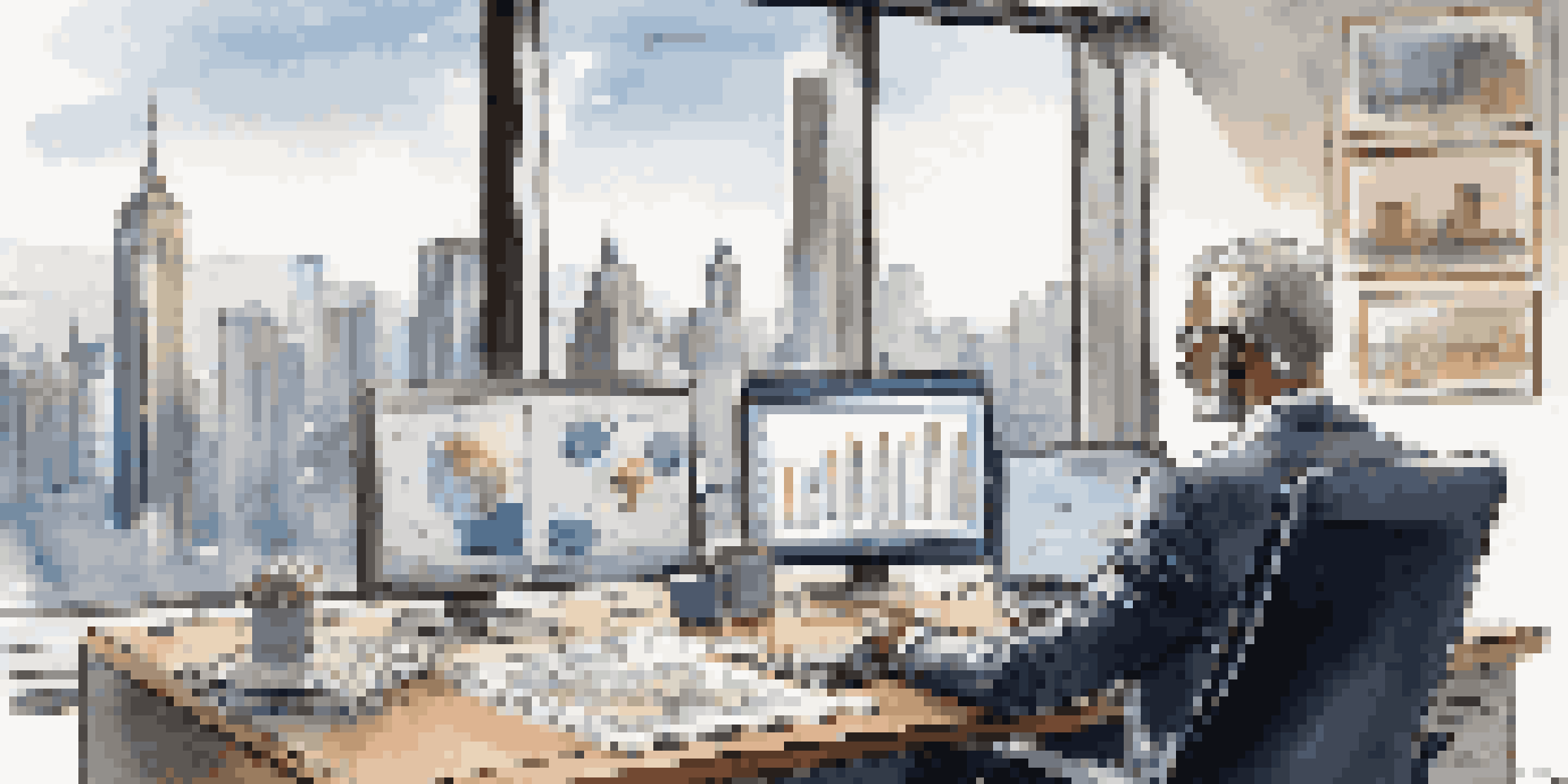 A professional financial advisor in a modern office, discussing global market trends via video call.