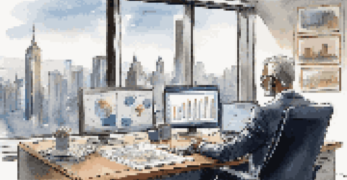 A professional financial advisor in a modern office, discussing global market trends via video call.