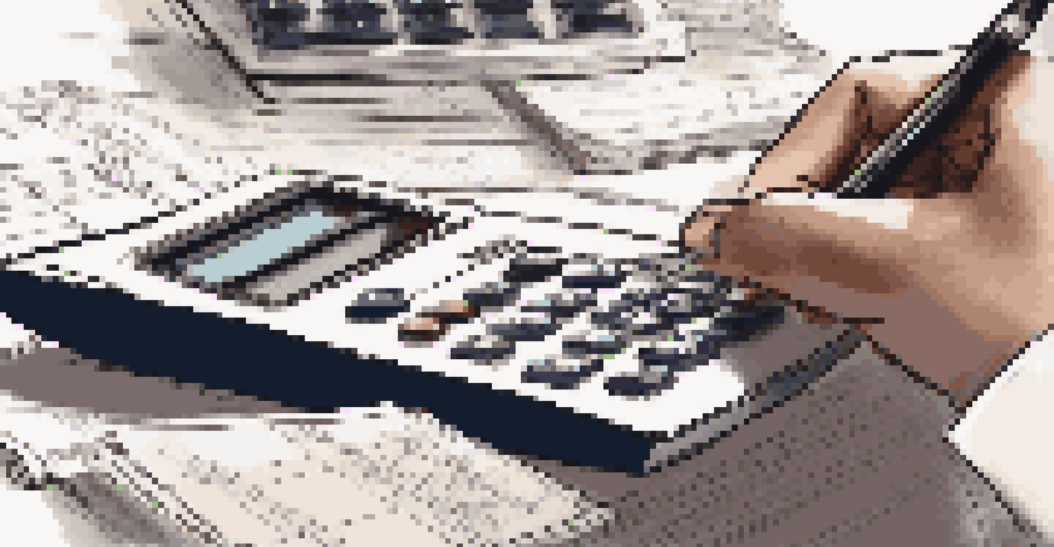 Close-up of hands using a financial calculator with a notepad and coffee cup in a softly blurred background.