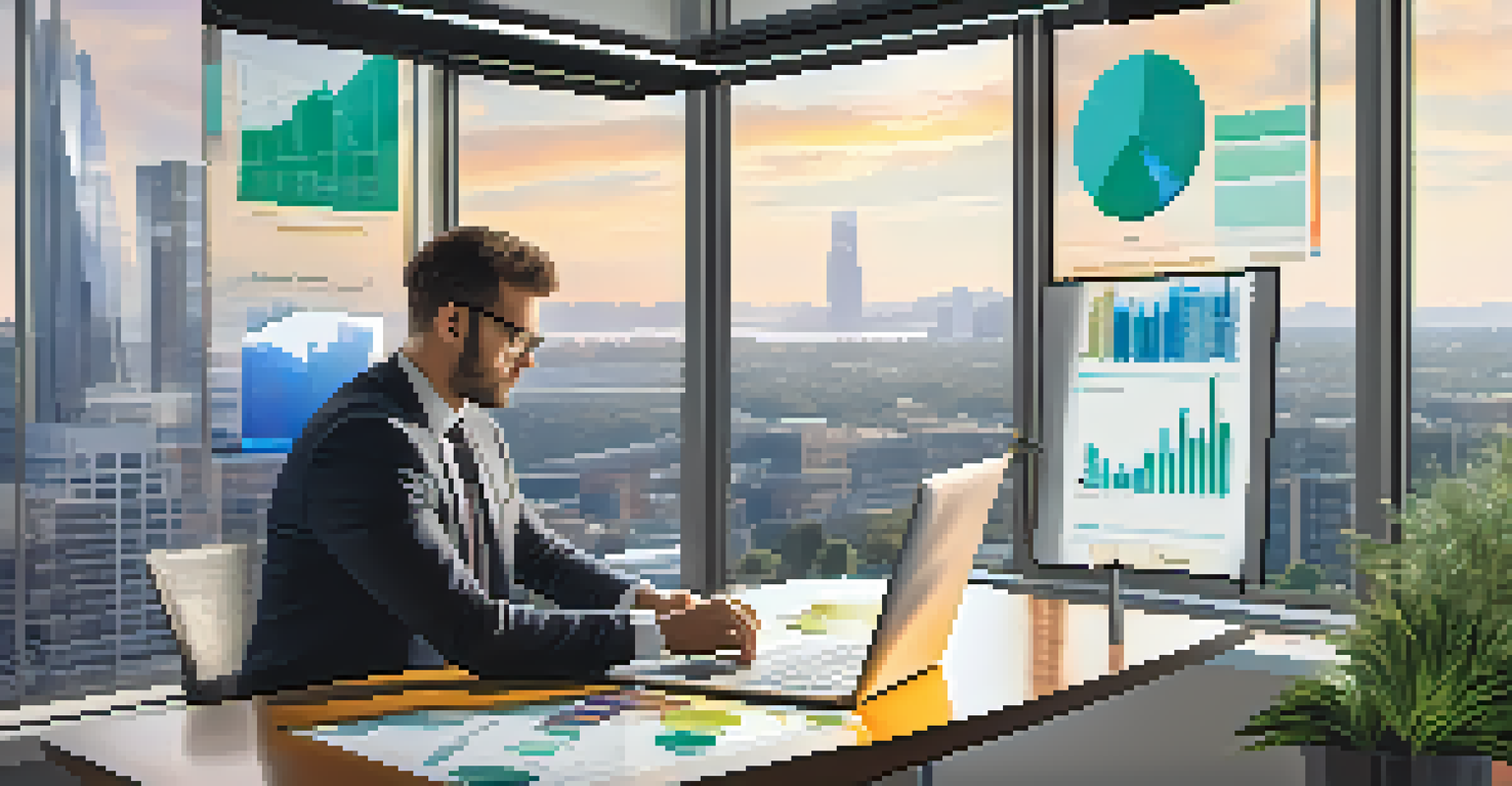 An investor working on a laptop with real estate charts in a modern office overlooking the city.