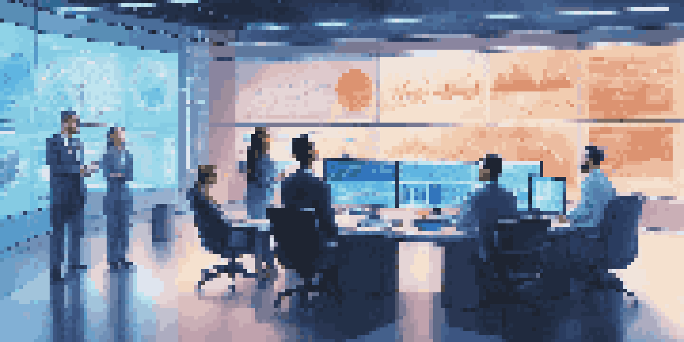 A diverse group of professionals in a futuristic financial office, analyzing data on large screens illuminated by blue LED lights.