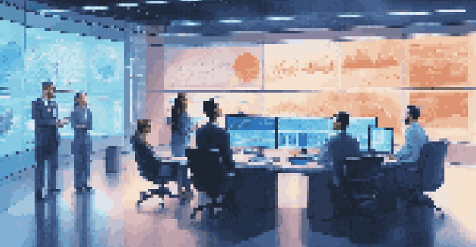 A diverse group of professionals in a futuristic financial office, analyzing data on large screens illuminated by blue LED lights.